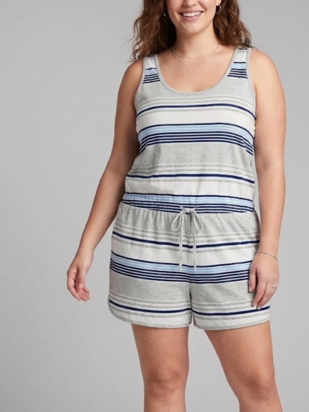 NWT Gap Body Cool Striped Sleeveless Romper Gray Blue Scoop Neck Casual Size XL